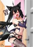  !? 1girl absurdres ahoge animal_ears bangs black_hair black_shorts blurry blurry_background blurry_foreground blush breasts bridal_gauntlets cleavage collar commentary_request demon_wings earrings elbow_gloves expressive_hair eyebrows_visible_through_hair fox_ears fox_girl fox_tail garter_straps gloves hair_between_eyes heart heart_tattoo highres himajin_(bad_omat) hololive indoors jewelry kurokami_fubuki long_hair looking_at_viewer navel open_mouth pubic_tattoo red_eyes short_shorts shorts sidelocks small_breasts solo tail tattoo thighhighs twintails virtual_youtuber wings 