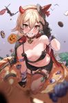  cream garter halloween horns kanzarin_(hoochikiss) nijisanji no_bra stockings thighhighs 