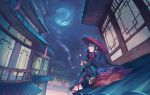  1girl architecture blue_cape blue_hair cape cloud cloudy_sky east_asian_architecture from_side full_moon hair_ornament hairclip hat highres holding holding_pipe kiseru kohari_(shichigatsu) moon night night_sky pants parted_lips pipe red_eyes red_headwear rice_hat rooftop sandals shichigatsu sitting sky smoke solo 