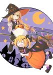  2girls alternate_color apron asameshi bat_hair_ornament black_bow black_dress black_footwear black_headwear blonde_hair blush_stickers bow braid broom broom_riding building commentary crescent_moon cross crystal dress fang flandre_scarlet full_body grin hair_bow hair_ornament halloween hat jack-o&#039;-lantern jack-o&#039;-lantern_print kirisame_marisa long_hair low-tied_long_hair moon multiple_girls neck_ribbon open_mouth orange_dress outstretched_arm purple_background purple_bow purple_neckwear ribbon shirt shoe_bow shoes short_sleeves single_braid smile star_(symbol) tombstone touhou tree waist_apron white_shirt wings witch_hat wrapped_candy yellow_eyes 