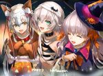  3girls absurdres animal_ears bandaged_arm bandages bangs bare_shoulders bell blush breasts closed_eyes collar dog_ears facial_scar fate/apocrypha fate/extra fate/grand_order fate_(series) green_eyes halloween_costume hat headpiece highres hoshi_rasuku huge_filesize jack_the_ripper_(fate/apocrypha) jeanne_d&#039;arc_(fate)_(all) jeanne_d&#039;arc_alter_santa_lily long_hair multiple_girls nursery_rhyme_(fate/extra) open_mouth ponytail scar scar_across_eye scar_on_cheek short_hair shoulder_tattoo silver_hair small_breasts smile tattoo white_hair witch_hat yellow_eyes 