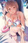  1girl :d bangs bare_shoulders beach bikini blush bow breasts brown_eyes brown_hair cleavage collarbone day earrings grabbing_own_breast hair_bow halter_top halterneck highres holding_hands jewelry kichiroku long_hair looking_at_viewer love_live! love_live!_school_idol_project minami_kotori navel one_side_up open_mouth outdoors scrunchie smile stomach swimsuit thigh_strap wrist_scrunchie wristband 