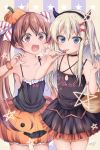  2girls :d artist_name basket black_hairband blonde_hair blue_eyes blush bow brown_eyes brown_hair candy clothes_writing collarbone cowboy_shot dated demon_horns eyebrows_visible_through_hair fang food grecale_(kantai_collection) hair_between_eyes hair_bow hairband halloween halloween_costume highres holding holding_food horns kantai_collection libeccio_(kantai_collection) lollipop long_hair makina00 multiple_girls open_mouth orange_skirt pink_bow signature skin_fang skirt smile star_(symbol) star_print tongue tongue_out twintails 