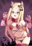 1girl abigail_williams_(fate/grand_order) animal_ears bandaid bandaid_on_forehead bangs black_bow blonde_hair blue_eyes blush bow breasts claw_pose cosplay crossed_bandaids dangerous_beast elbow_gloves fate/grand_order fate_(series) forehead fur-trimmed_gloves fur-trimmed_legwear fur_collar fur_trim gloves hair_bow halloween_costume highres lace-trimmed_legwear lace_trim long_hair looking_at_viewer mash_kyrielight mash_kyrielight_(cosplay) multiple_bows multiple_hair_bows navel o-ring open_mouth orange_bow parted_bangs polka_dot polka_dot_bow revealing_clothes shimokirin small_breasts smile tail thighhighs thighs wolf_ears wolf_tail 
