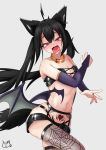  !? 1girl absurdres ahoge animal_ears bangs black_hair black_shorts blurry blush breasts bridal_gauntlets cleavage collar demon_wings earrings elbow_gloves expressive_hair eyebrows_visible_through_hair fox_ears fox_girl fox_tail garter_straps gloves grey_background hair_between_eyes heart heart_tattoo highres himajin_(bad_omat) hololive jewelry kurokami_fubuki long_hair looking_at_viewer navel open_mouth pubic_tattoo red_eyes short_shorts shorts sidelocks simple_background small_breasts solo tail tattoo thighhighs twintails virtual_youtuber wings 