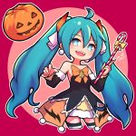  1girl :d ahoge artist_name bare_shoulders black_legwear blue_eyes blue_hair blush bow breasts bright_pupils candy candy_cane commentary cropped_legs dated dated_commentary detached_sleeves disconnected_mouth dress earrings english_commentary eyebrows_visible_through_hair fangs food hair_between_eyes hair_ribbon halloween hatsune_miku holding holding_candy_cane jack-o&#039;-lantern jewelry long_hair looking_at_viewer multicolored multicolored_clothes multicolored_legwear nendoroid official_alternate_costume open_mouth orange_bow outline pink_background pumpkin ribbon signature small_breasts smile solo striped striped_legwear thighhighs twintails umenodo very_long_hair vocaloid white_legwear white_outline zettai_ryouiki 