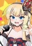  1girl alternate_costume azur_lane blonde_hair blue_eyes blush collarbone commentary_request crown edoara fang headband highres long_hair microphone open_mouth pointing portrait queen_elizabeth_(azur_lane) ribbon simple_background solo 
