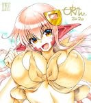  1girl 2020 :d breasts commentary_request covered_nipples eyebrows_visible_through_hair fang hair_between_eyes hair_ornament hairclip lamia large_breasts long_hair looking_at_viewer miia_(monster_musume) monster_girl monster_musume_no_iru_nichijou open_mouth pointy_ears red_hair scales shirt smile solo tail tied_shirt upper_body uran_(uran-factory) yellow_eyes 