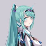  1girl bangs chest_jewel earrings from_side green_hair grey_background highres jewelry long_hair long_ponytail looking_at_viewer pneuma_(xenoblade) ponytail sarasadou_dan simple_background solo swept_bangs tiara xenoblade_chronicles_(series) xenoblade_chronicles_2 