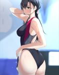  1girl ass back back_cutout bangs black_hair black_swimsuit blurry blush breasts clothing_cutout competition_swimsuit cowboy_shot depth_of_field dripping expressionless fed_(giba) from_behind goggles goggles_removed hair_between_eyes hand_in_hair hand_up highleg highleg_swimsuit holding holding_goggles long_hair looking_away medium_breasts one-piece_swimsuit original poolside solo standing swimsuit twisted_torso water_drop wedgie wet wet_clothes wet_hair wet_swimsuit yellow_eyes 