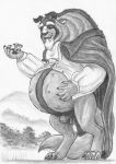  2011 abdominal_bulge anthro balls beast_(disney) beauty_and_the_beast belly big_belly bottomless cape chip_(beauty_and_the_beast) claws clothed clothing cup digitigrade disney duo fangs fur genitals grass greyscale hand_on_stomach hi_res holding_object horn intersex leovictor male male_pregnancy maleherm mammal monochrome monster mountain nipples outside penis pregnant smile traditional_media_(artwork) unborn_kicking 