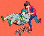  2boys bag blue_eyes blue_hair boots brown_hair food green_eyes groceries gundam gundam_zz jacket judau_ashta kamille_bidan multiple_boys pajamas shopping_bag shopping_cart short_hair slippers smile ume-bayashi 