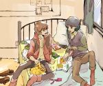  2boys bag_of_chips bed blue_eyes blue_hair boots brown_hair can candy curtains food green_eyes gundam gundam_zz holding holding_magazine indoors jacket judau_ashta kamille_bidan magazine multiple_boys on_bed pillow short_hair sitting sitting_on_bed smile soda_can ume-bayashi zeta_gundam 