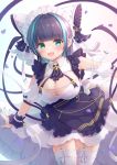  1girl :d aqua_hair aqua_nails azur_lane bangs black_hair blunt_bangs blurry blurry_background blush bow breasts cheshire_(azur_lane) cleavage cleavage_cutout clothing_cutout commentary_request cowboy_shot detached_sleeves fangs frilled_bow frills garter_straps gold_trim gradient gradient_background green_eyes hair_bow large_breasts leaning_forward long_ribbon looking_at_viewer maid_headdress mikaze_oto multicolored_hair open_mouth oppai_loli outstretched_arms petals short_hair simple_background smile solo standing streaked_hair thighhighs white_background white_legwear wrist_cuffs wrist_guards 