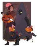  1boy 1girl bangs bloodborne blue_eyes bonnet boots candy candy_cane cloak cloud cloudy_sky coat costume doll_joints donar0217 dress flower food gloves halloween halloween_basket halloween_costume hat holding hunter_(bloodborne) jack-o&#039;-lantern jewelry joints lollipop mask moon mouth_mask patch plain_doll rose saw_cleaver short_hair silver_hair sky standing swept_bangs symbol walking weapon white_hair 