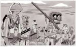  2020 amphibian animal_(muppets) anthro armor asian_clothing bald beard bert big_nose black_and_white border bruce_mccorkindale clothing cloud crossover east_asian_clothing ernie eye_bags eyebrows eyewear facial_hair fozzie_bear frog glasses gonzo_(muppets) greyscale group hi_res humanoid humor japanese_clothing katana kermit_the_frog kimono male mammal melee_weapon monochrome monster muppet muppets mustache parody practice_sword samurai samurai_armor scooter_(muppets) sesame_street seven_samurai signature sword teeth the_muppet_show unibrow ursid warrior weapon wheat white_border wooden_sword 