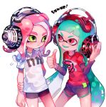  2girls aqua_hair arms_behind_back bangs black_shorts blue_hair closed_mouth hand_on_headphones headphones inkling inkling_(language) long_hair long_sleeves looking_at_another multiple_girls octoling open_mouth pink_eyes pink_hair red_shirt shirt short_hair short_shorts short_sleeves shorts simple_background smile splatoon_(series) splatoon_2 standing sweatdrop tentacle_hair thumbs_up very_long_hair white_background white_shirt yellow_eyes yoshida_(ne) 