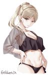  1girl armpits blonde_hair breasts camisole cowboy_shot ebifurya hair_between_eyes highres kantai_collection long_hair long_ponytail looking_at_viewer medium_breasts mole mole_under_eye mole_under_mouth navel panties ponytail richelieu_(kantai_collection) see-through_sleeves stomach twitter_username underwear white_background yellow_eyes 