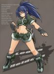  1girl abs bangs black_gloves blue_eyes blue_hair blush character_name clenched_hand closed_mouth combat_knife earrings fighting_stance fingerless_gloves gloves green_shirt green_shorts hair_between_eyes high_ponytail highres information jewelry karukan_(monjya) knife knife_holster leona_heidern long_hair midriff navel ponytail shirt short_sleeves shorts sleeves_rolled_up snk solo standing the_king_of_fighters thighs triangle_earrings weapon 