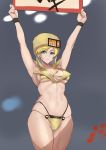  1girl absurdres adapted_costume armpits arms_up ashiomi_masato bikini blonde_hair blue_eyes breasts cowboy_shot eyebrows_visible_through_hair fur_hat grey_background guilty_gear guilty_gear_strive hat highres holding holding_sign large_breasts long_hair looking_at_viewer millia_rage navel sign smile solo swimsuit yellow_bikini 