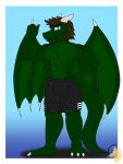  3_toes abs anthro blue_eyes bottomwear brown_hair claws clothed clothing djcoyoteguy dragon garrett_cooper gradient_background green_body green_skin hair hi_res horn male mammal muscular muscular_anthro muscular_male navel partially_clothed scalie shorts simple_background solo toes topless wings 