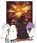  1girl 3others bloodborne candy candy_cane celestial_emissary donar0217 dress eldritch_abomination extra_arms eyes falling food full_body gloves halloween halloween_basket halloween_costume holding holding_food jack-o&#039;-lantern lollipop long_sleeves monster multiple_others no_humans simple_background standing tentacles winter_lantern 