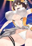  1girl ahoge azur_lane baltimore_(azur_lane) baltimore_(muse)_(azur_lane) bangs bow breasts brown_hair center_opening clothing_cutout commentary_request covered_nipples gloves hair_between_eyes hair_ribbon half_gloves headset highres idol large_breasts navel_cutout official_alternate_costume ootani_nonno open_mouth orange_bow panties polka_dot polka_dot_panties ribbon short_hair skirt skirt_lift thigh_strap thighs underboob underboob_cutout underwear white_panties white_skirt yellow_eyes 