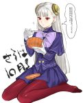  1girl ? capcom_fighting_jam coat commentary_request gloves hairpods highres ingrid long_hair no_shoes pantyhose platinum_blonde_hair pleated_skirt pumpkin purple_coat purple_skirt red_eyes red_legwear ribbon sitting skirt solo spoon tetsu_(kimuchi) translation_request wariza white_gloves 