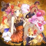  1girl animal_ear_fluff animal_ears black_choker blonde_hair bodystocking boots bow candy choker commentary_request eyelashes fake_animal_ears fake_tail fennekin food frills gen_5_pokemon gen_6_pokemon gourgeist hair_bow halloween hand_up highres holding holding_candy holding_food holding_lollipop litwick lollipop long_hair looking_at_viewer nail_polish orange_nails orange_skirt pokemon pokemon_(game) pokemon_xy pumpkaboo serena_(pokemon) skirt slurpuff star_(symbol) striped striped_bow swirlix tail yomogi_(black-elf) 