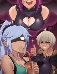  3girls ahoge airisubaka artist_name bandaid bandaid_on_cheek bare_shoulders breasts bubble_tea check_copyright cleavage cleavage_cutout clothing_cutout collarbone copyright_request dark_skin drinking_straw ear_piercing earrings grin hand_up hands_up highres holding jewelry large_breasts leah_(airisubaka) long_hair multiple_girls open_mouth original piercing purple_eyes shaded_face short_hair sleeveless smile sparkle tank_top thumbs_up 