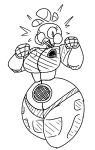  2020 beak blush blush_stickers breasts clothed clothing digital_media_(artwork) female fist five_nights_at_freddy&#039;s floating_hair freddy_fazbear&#039;s_pizzeria_simulator funtime_chica_(fnaf) humanoid looking_at_viewer monochrome not_furry one_eye_closed qoolguyart simple_background smile solo speaker tagme thick_thighs toothed_beak video_games white_background wide_hips wink 
