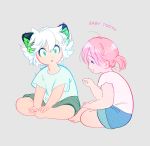  1boy 1girl animal_ears aqua_shirt barefoot blue_shorts cat_ears child closed_eyes english_text green_eyes green_shorts grey_background highres luoxiaobai luoxiaohei mizushima_(barairo) pink_hair pink_shirt profile shirt short_hair short_ponytail shorts simple_background smile the_legend_of_luo_xiaohei tooth white_hair 