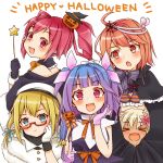  5girls :d alternate_costume blonde_hair blush closed_eyes cocoperino commentary eyebrows_visible_through_hair fang food_themed_hair_ornament glasses gloves hair_ornament hair_ribbon halloween halloween_costume happy_halloween hat i-19_(kantai_collection) i-58_(kantai_collection) i-8_(kantai_collection) jack-o&#039;-lantern kantai_collection long_hair looking_at_another looking_at_viewer multiple_girls open_mouth pink_eyes pink_hair pumpkin_hair_ornament purple_hair red_eyes ribbon ro-500_(kantai_collection) short_hair simple_background skin_fang smile twintails white_background witch_hat 
