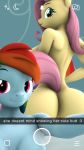  3d_(artwork) anthro anthrofied barely_visible_genitalia big_breasts big_butt breasts butt cm26 digital_media_(artwork) dup english_text equid equine female fluttershy_(mlp) friendship_is_magic genitals hasbro hi_res looking_back mammal my_little_pony nude rainbow_dash_(mlp) smile tail_aside text wide_hips 