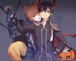  1girl 2boys animal_ears arm_up armor bangs black_hair black_jacket blonde_hair commentary_request demon_tail eugeo fang fox_ears fox_tail gauntlets hair_between_eyes halloween_basket hand_on_another&#039;s_hip hand_on_hip horns jacket kirito lower_teeth male_focus multiple_boys quinella red_eyes red_horns short_hair shoulder_armor shoura skin_fang smile standing sword_art_online sword_art_online:_alicization tail thorns upper_body wrist_grab yaoi 