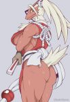  anthro blaziken blue_eyes breasts cosplay crossed_arms exposed_butt fatal_fury female hair hi_res long_hair mai_shiranui muscular muscular_anthro muscular_female nintendo nipples pok&eacute;mon pok&eacute;mon_(species) side_boob simple_background solo thundersharxxx video_games white_background yellow_sclera 
