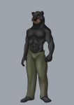  anthro aventis_vixxx black_body black_fur brown_eyes clothed clothing dark_fur fur hi_res male mammal multicolored_body multicolored_fur partially_clothed simple_background solo two_tone_body two_tone_fur ursid 
