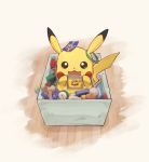  :3 box cartridge commentary_request from_above game_boy gen_1_pokemon handheld_game_console highres holding in_box in_container looking_at_viewer no_humans odd_(hin_yari) open_mouth pikachu pokemon pokemon_(creature) pokemon_card solo wooden_floor 