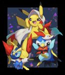  aqua_eyes arm_ribbon character_mask closed_mouth commentary fang fennekin gen_1_pokemon gen_4_pokemon gen_6_pokemon hands_up highres looking_at_viewer mask no_humans nullma open_mouth pikachu piplup pokemon pokemon_(creature) purple_eyes red_ribbon ribbon tongue 