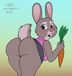  2020 anthro bent_over bonnie_hopps buckteeth butt carrot clothed clothing disney female food fur grey_body grey_fur hi_res hirurux lagomorph leporid looking_back mammal mature_female multicolored_body multicolored_fur no_underwear open_mouth plant purple_eyes rabbit solo teeth two_tone_body two_tone_fur vegetable zootopia 