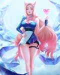  1girl ahri animal_ears asymmetrical_clothes blonde_hair breasts choker crystal_tail fingerless_gloves fox_ears fox_tail gloves hand_on_hip heart highres jewelry k/da_(league_of_legends) k/da_ahri large_breasts league_of_legends lips long_hair looking_at_viewer mcdobo multicolored_hair multiple_tails single_fingerless_glove solo tail two-tone_hair whisker_markings yellow_eyes 