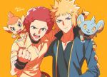  2boys afro arm_around_shoulder black_shirt black_wristband blonde_hair blue_jacket chimchar clenched_hand closed_mouth collarbone commentary_request flint_(pokemon) gen_4_pokemon grey_eyes highres jacket male_focus multiple_boys open_mouth orange_background pokemon pokemon_(creature) pokemon_(game) pokemon_dppt red_hair shinx shirt spiked_hair starter_pokemon teeth tongue volkner_(pokemon) wristband xia_(ryugo) yellow_shirt 