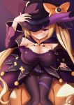  1girl alternate_costume azur_lane blonde_hair blush breasts cape cleavage detached_sleeves from_above halloween halloween_costume hat highleg highleg_leotard highres jack-o&#039;-lantern large_breasts leotard looking_at_viewer nelson_(azur_lane) nelson_(lunar_witch)_(azur_lane) pantyhose purple_cape purple_leotard red_eyes shinka_(yonkun121) sitting solo strapless strapless_leotard taut_leotard thigh_strap witch_hat 