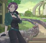  absurdres armor armored_dress bangs belt black_gloves black_hair breasts cleavage collar corset fire_emblem fire_emblem:_three_houses gloves green_jacket highres jacket large_breasts looking_at_viewer open_clothes pale_skin quatthro shadow shamir_nevrand short_hair shoulder_armor stone template tree 