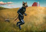  2019 anthro bdsm biped blinders bulge canid canine canis clothing cloud detailed_background deusexmoose digital_media_(artwork) domestic_dog eyewear farm hi_res male mammal mountain open_mouth outside petplay plow plowing ponyplay roleplay rubber rubber_suit silo sky solo tongue tongue_out tree 