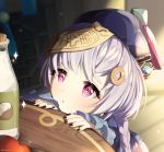  1girl absurdres apple begging black_nails blurry blurry_background bottle braid braided_ponytail chinese_clothes coconut commentary food fruit genshin_impact hat highres kkopoli nail_polish ofuda parted_lips pink_eyes purple_hair qing_guanmao qiqi solo sparkle sparkling_eyes watermark 