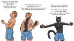  16:9 anthro bottomwear clothing domestic_cat english_text felid feline felis human humor male mammal shorts solo terminotaur text tongue tongue_out transformation widescreen 