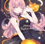  1girl :p black_dress black_headwear blue_eyes blush commentary crescent_moon dress halloween hand_up happy_halloween hat heart heremia highres holding jack-o&#039;-lantern looking_at_viewer megurine_luka moon night night_sky one_eye_closed pink_hair pumpkin sky sleeveless sleeveless_dress smile star_(sky) symbol_commentary tongue tongue_out upper_body vocaloid witch_hat x_x 