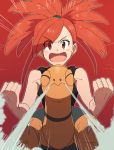  1girl bangs clenched_hands commentary_request emphasis_lines eyebrows_visible_through_hair flannery_(pokemon) gen_3_pokemon glowing gym_leader hair_tie highres long_hair looking_at_viewer morio_(poke_orio) open_mouth orange_hair pokemon pokemon_(creature) pokemon_(game) pokemon_oras red_eyes steam tied_hair tongue torkoal v-shaped_eyebrows 