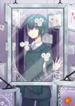  1girl bangs belt belt_pouch commentary cowboy_shot daisy doorway dress_jacket flat_chest flower frame green_eyes green_hair green_jacket green_legwear hair_between_eyes hair_ornament hand_on_glass jacket kamihikouki kino_(kino_no_tabi) kino_no_tabi looking_at_viewer pants parted_lips pouch shirt short_hair solo white_shirt window 